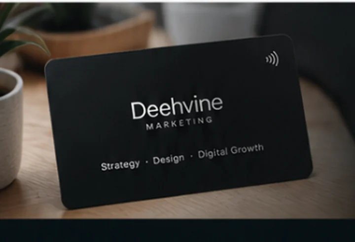 Black Deehvine Marketing NFC card standing on a wooden desk beside a plant